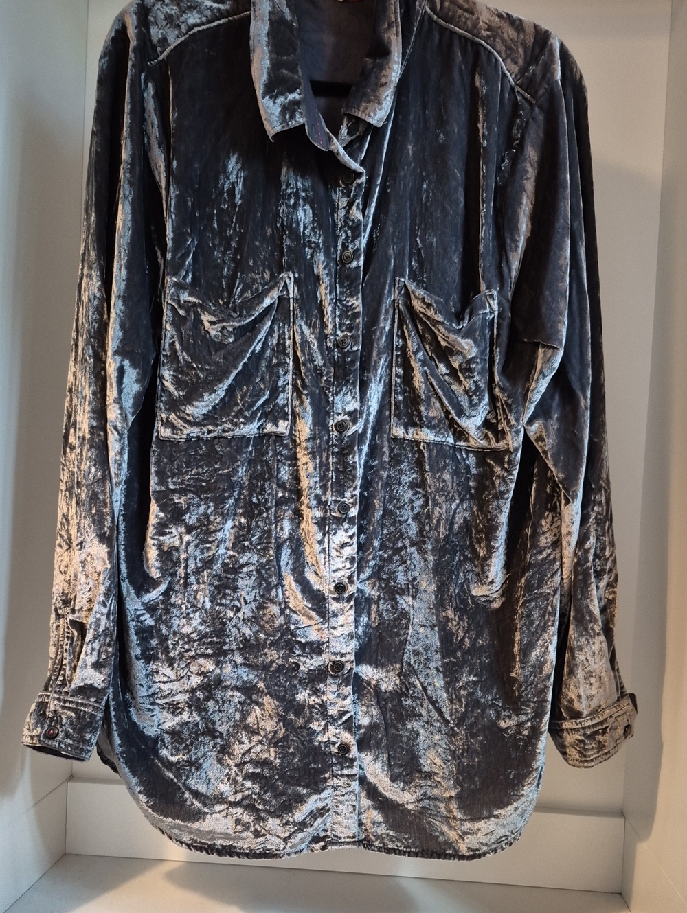 Pilcro Womnen's Crushed Velvet Long Button-Up Shirt Jacket - Silver Gray